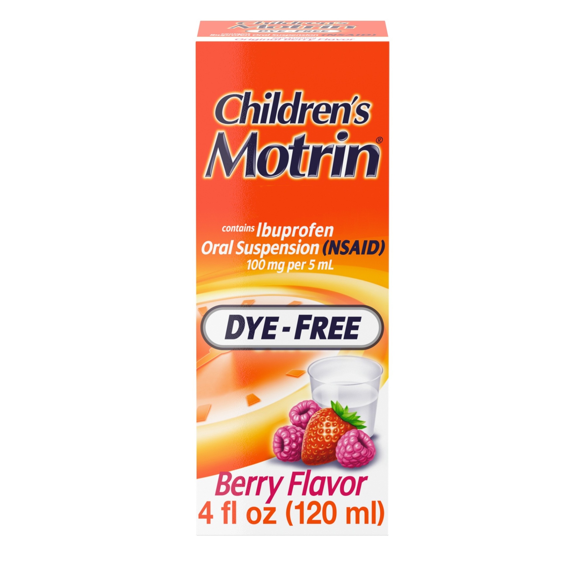 slide 1 of 6, Children's Motrin Oral Suspension 100mg Ibuprofen Medicine, NSAID Fever Reducer & Pain Reliever for Minor Aches & Pains Due to Cold & Flu, Dye Free, Alcohol-Free, Berry Flavored, 4 fl oz