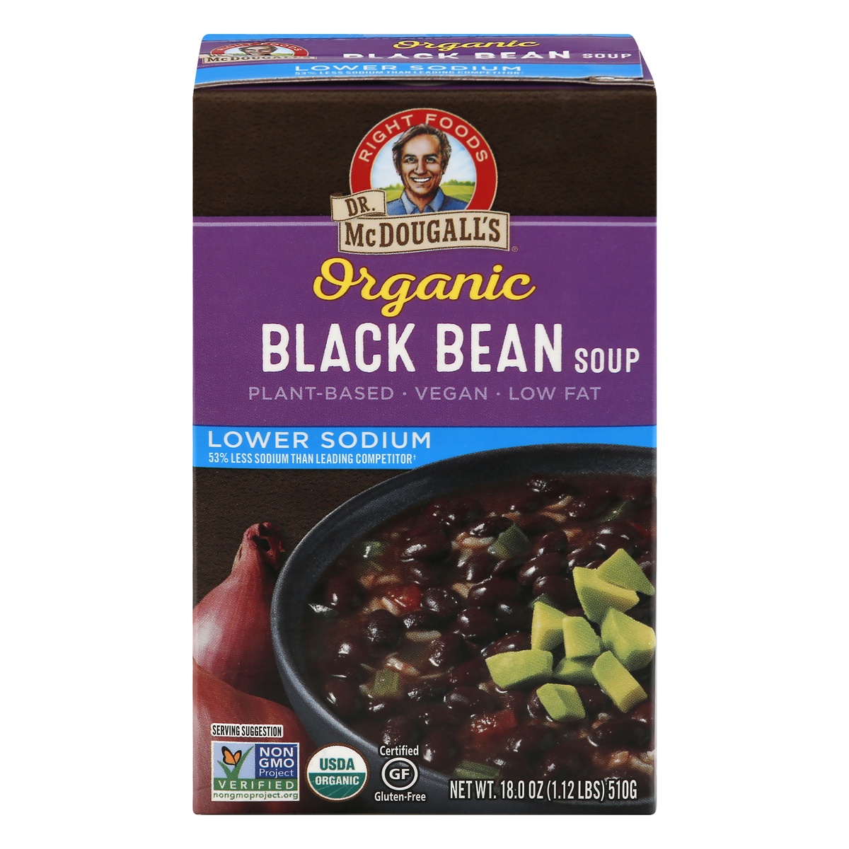 slide 1 of 1, Dr. McDougall's Organic Black Bean Lower Sodium Soup, 18 fl oz