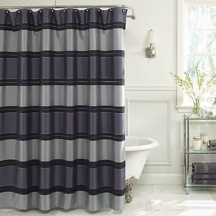 slide 1 of 1, Vue Jardin Stripe Fabric Shower Curtain - Navy, 72 in x 72 in