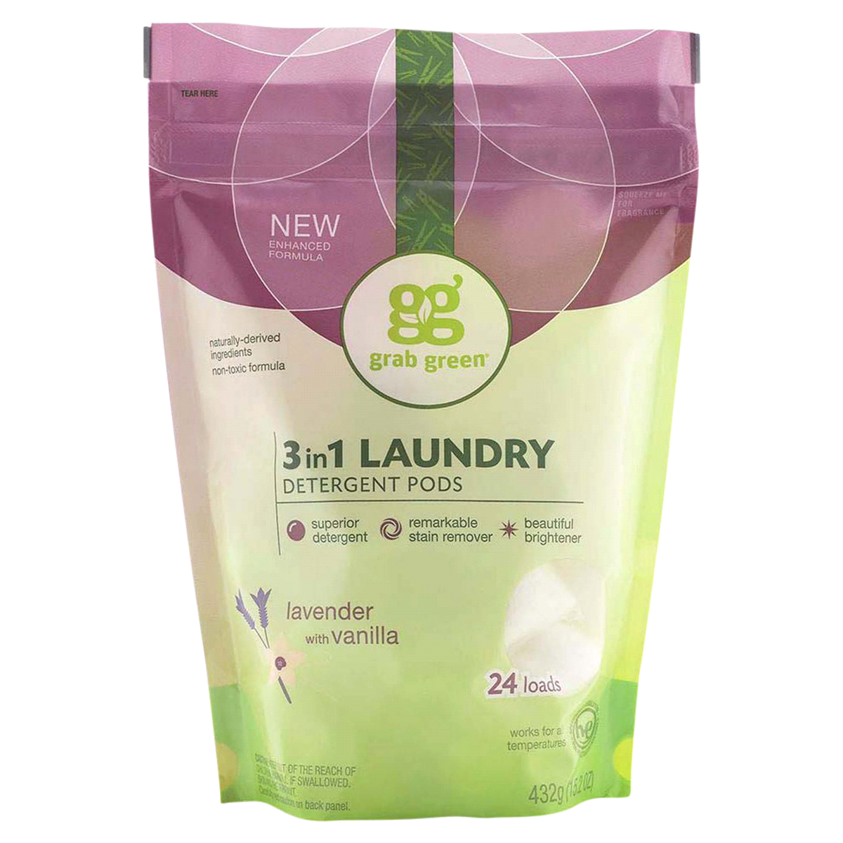 slide 1 of 1, Grab Green Laundry Detergent 3-in-1 Pre-Measured Powder Pods Lavender with Vanilla, 24 ct