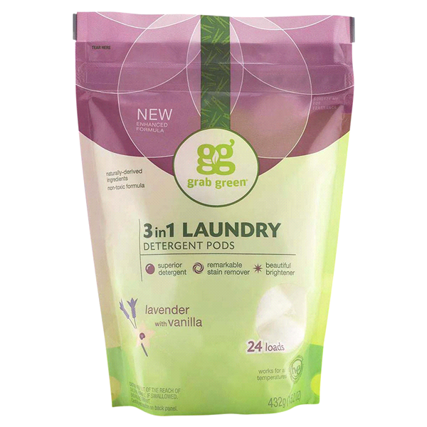 slide 1 of 1, Grab Green Laundry Detergent 3-in-1 Pre-Measured Powder Pods Lavender with Vanilla, 24 ct