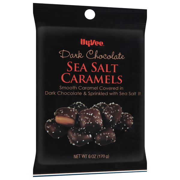 slide 1 of 1, Hy-Vee Dark Chocolate Sea Salt Caramels, 6 oz