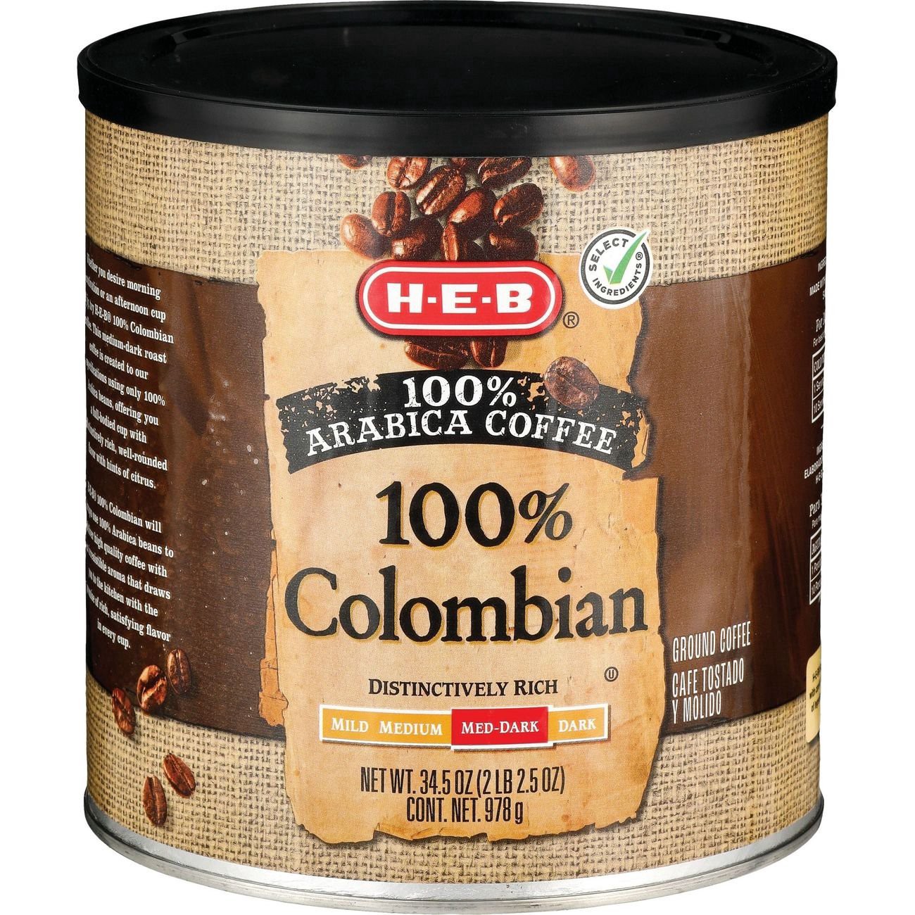 slide 1 of 1, H-E-B 100% Colombian Ground Med-Dark Coffee - 34.5 oz, 34.5 oz
