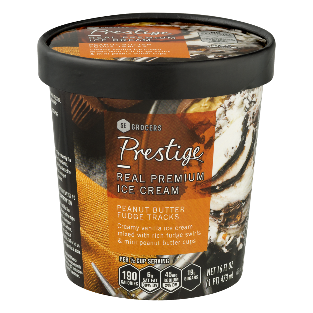 slide 1 of 1, Prestige Real Premium Ice Cream Peanut Butter Fudge Tracks, 16 oz