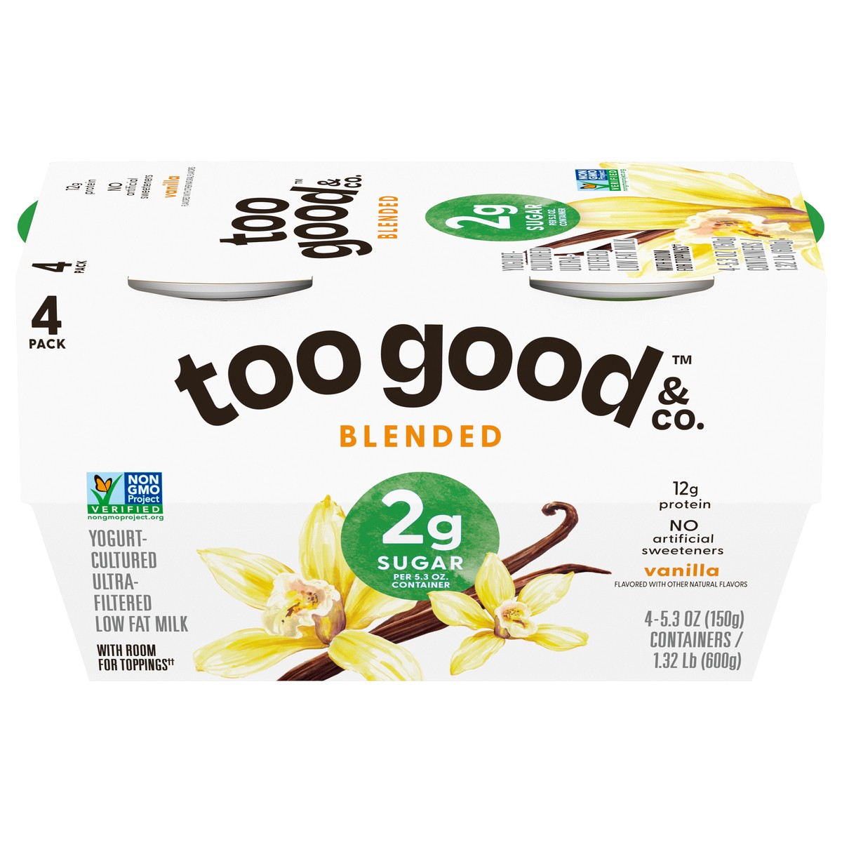 slide 1 of 5, Too Good & Co. Vanilla Flavored Lower Sugar, Low Fat Greek Yogurt Cultured Product, 4 Count, 5.3 OZ Cups, 4 ct