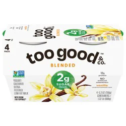 Too Good & Co. Vanilla Flavored Lower Sugar, Low Fat Greek Yogurt Cultured Product, 4 Count, 5.3 OZ Cups