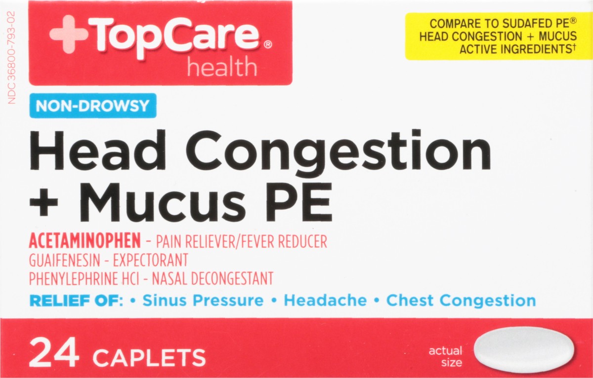 slide 3 of 9, TopCare Pressure & Pain Pe & Mucus, For Adults, Caplets, 24 ct