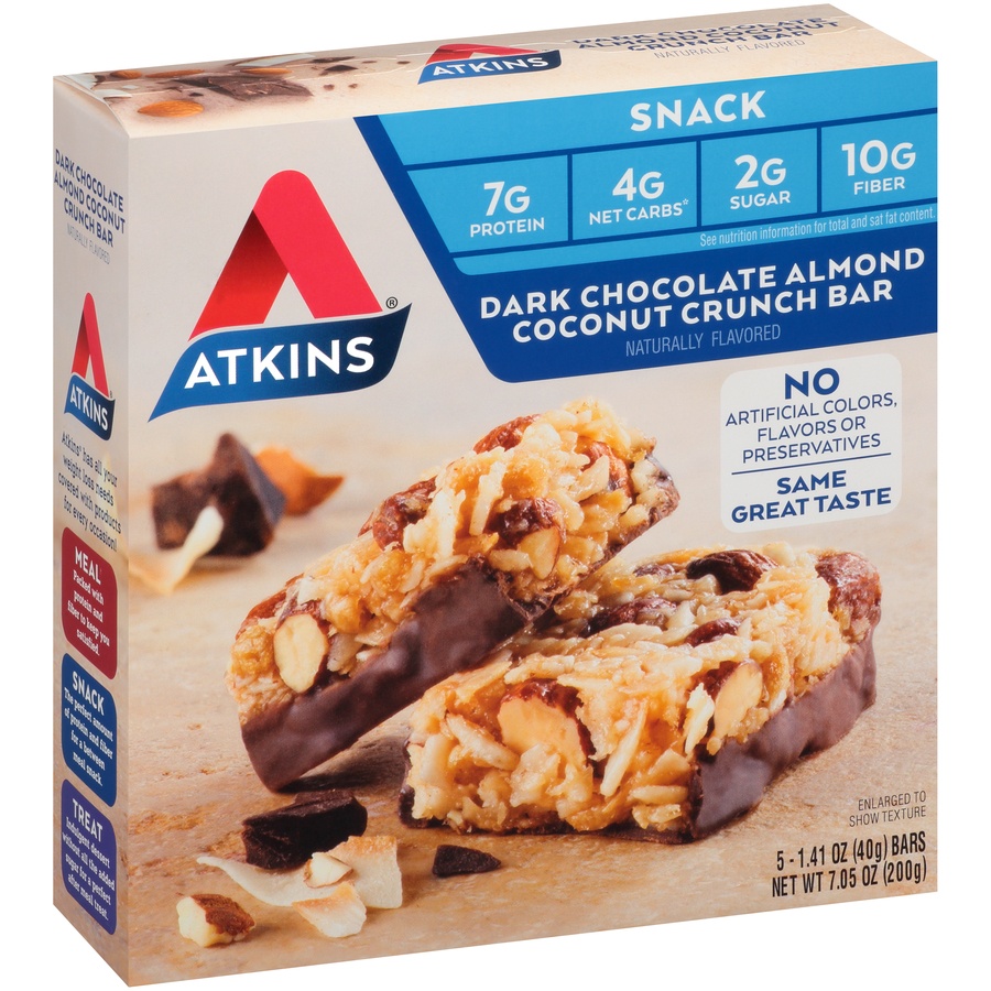 slide 6 of 8, Atkins Advantage Dark Chocolate Almond Coconut Crunch Bar, 5 ct; 1.41 oz