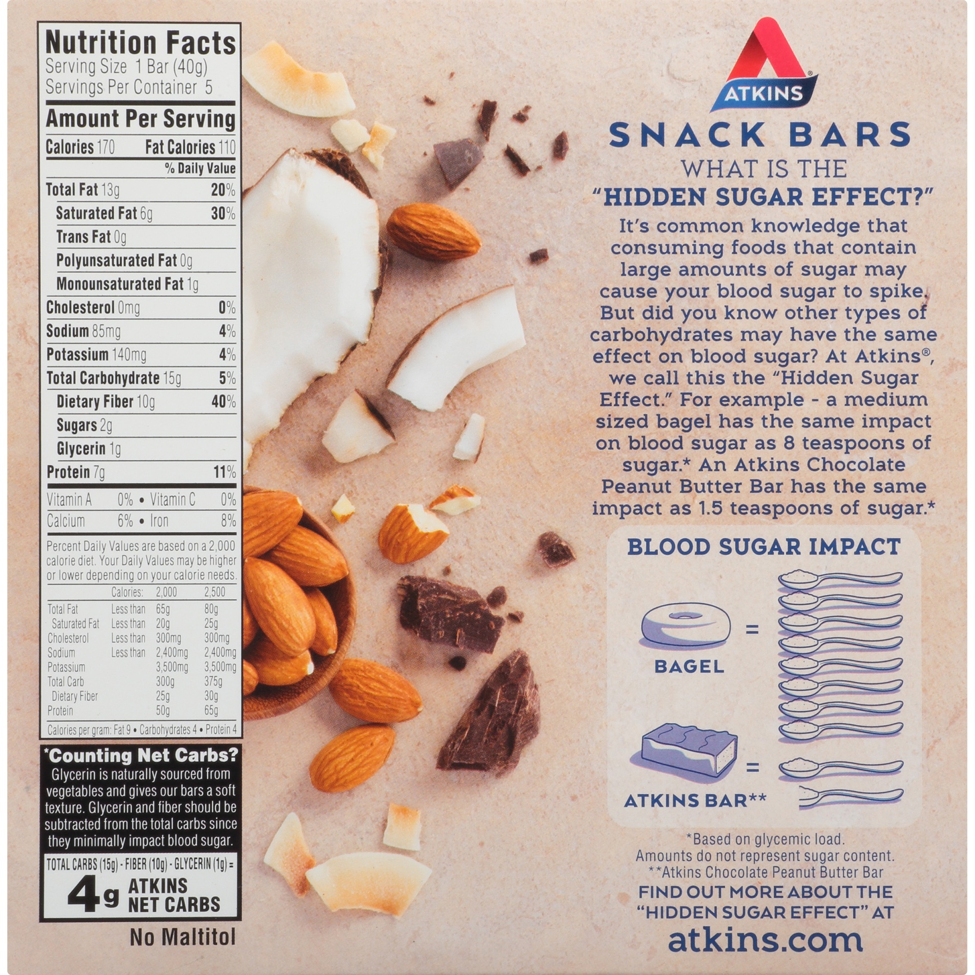 slide 2 of 8, Atkins Advantage Dark Chocolate Almond Coconut Crunch Bar, 5 ct; 1.41 oz