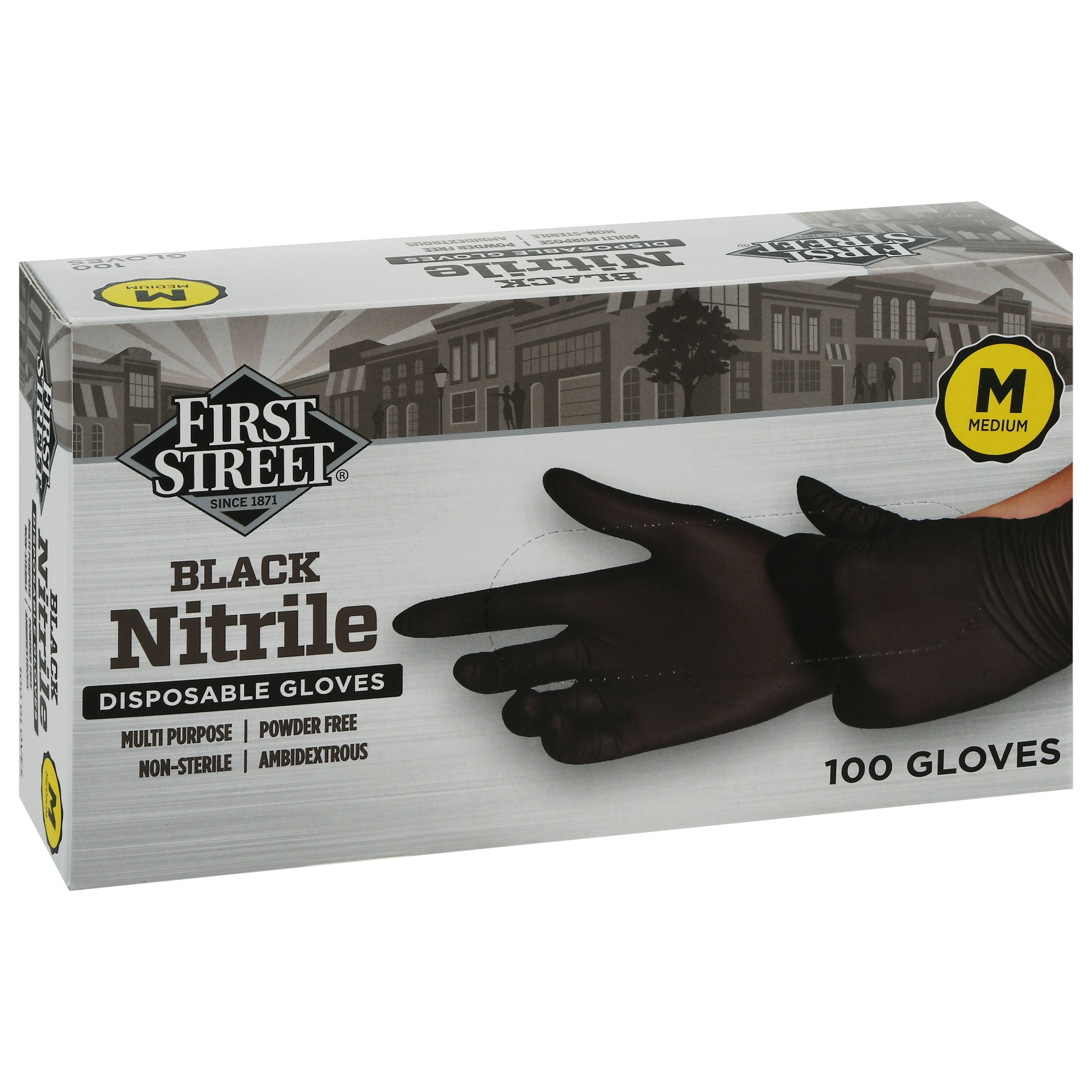 slide 1 of 1, First Street Black Nitrile Glove Medium, 100 ct