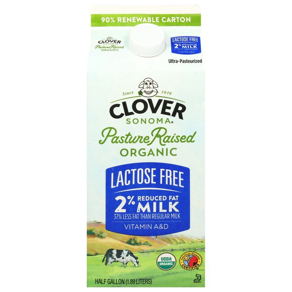 slide 1 of 5, Clover Sonoma Organic Lactose Free 2% Reduced Fat Milk 0.5 gal, 1/2 gal
