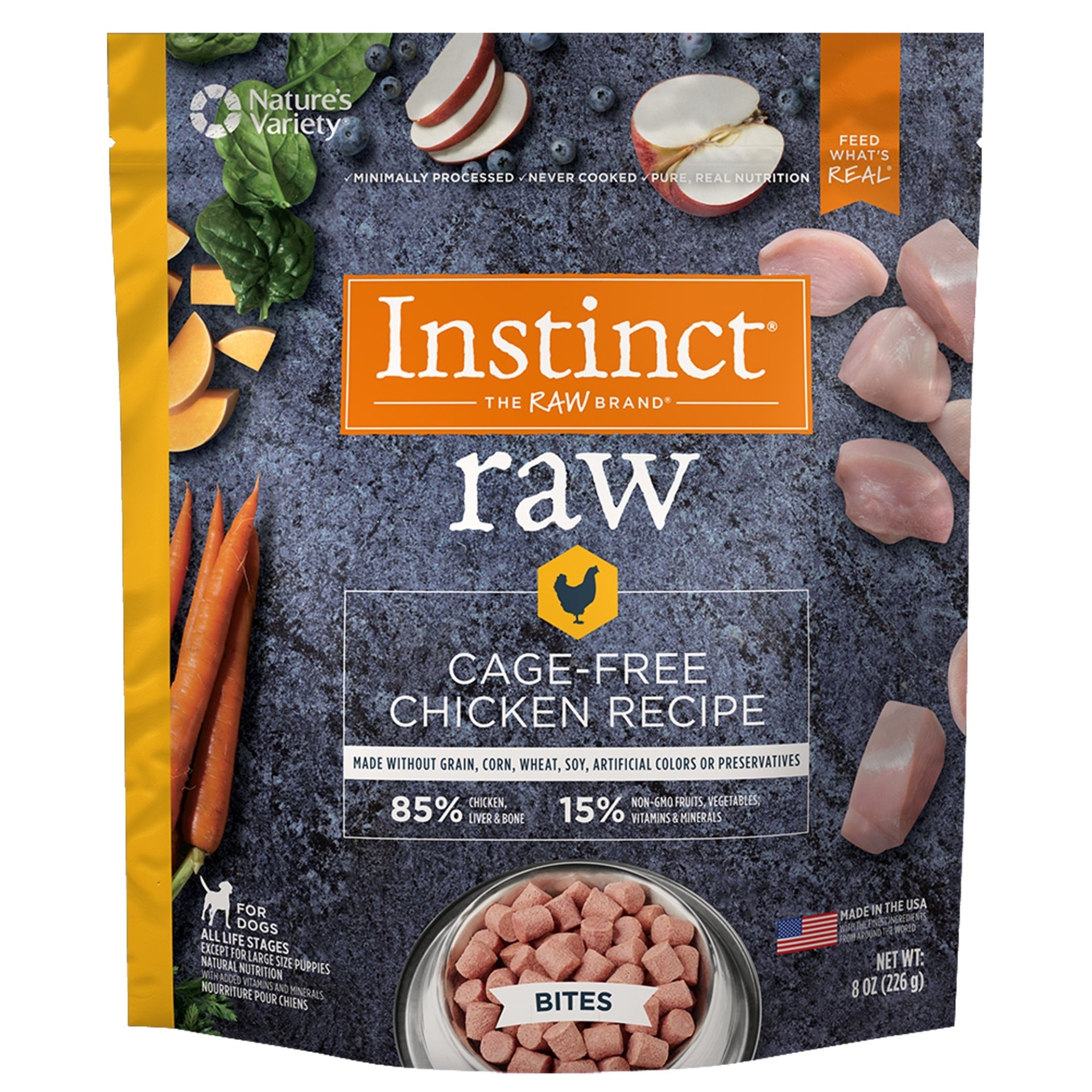 slide 1 of 1, Nature's Variety Instinct Frozen Raw Bites Grain-Free Cage Free Chicken Recipe Natural Dog Food, 8 oz