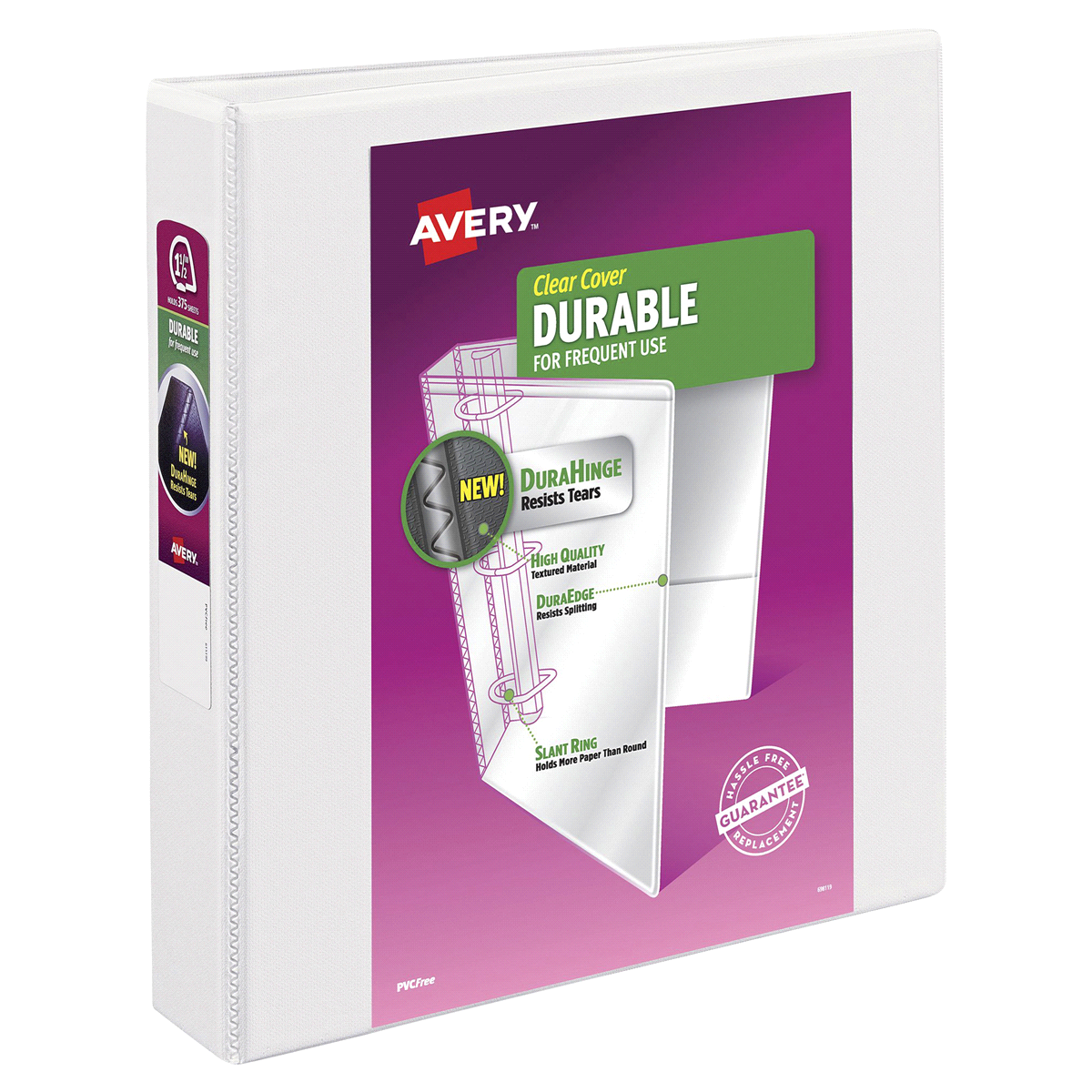 slide 2 of 2, Avery Durable Clear Cover Binder - White, 1.5 in