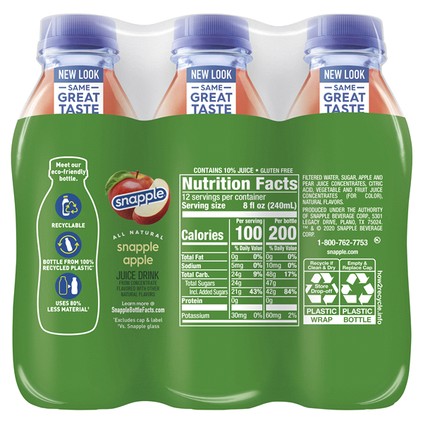 slide 18 of 21, Snapple Apple Juice Drink, 16 fl oz recycled plastic bottle, 6 pack - 6 ct, 6 ct