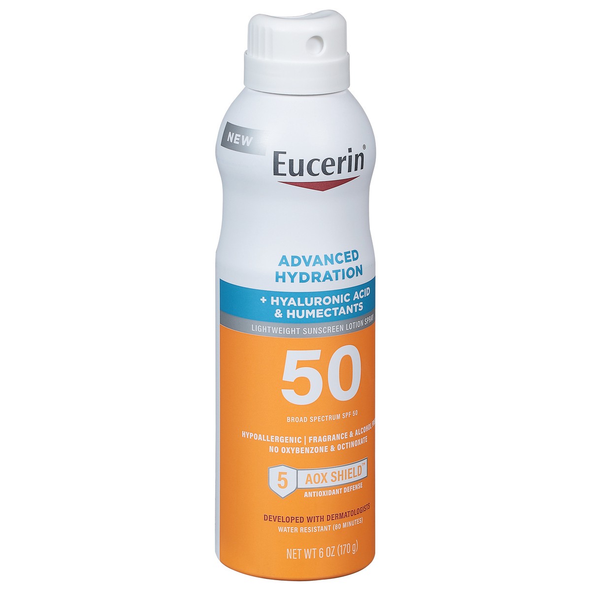 slide 6 of 9, Eucerin Broad Spectrum SPF 50 Advanced Hydration Lightweight Sunscreen Lotion Spray 6 oz, 50 ct; 6 oz