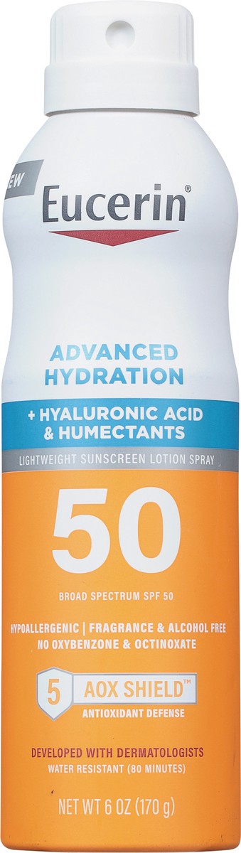 slide 7 of 9, Eucerin Broad Spectrum SPF 50 Advanced Hydration Lightweight Sunscreen Lotion Spray 6 oz, 50 ct; 6 oz