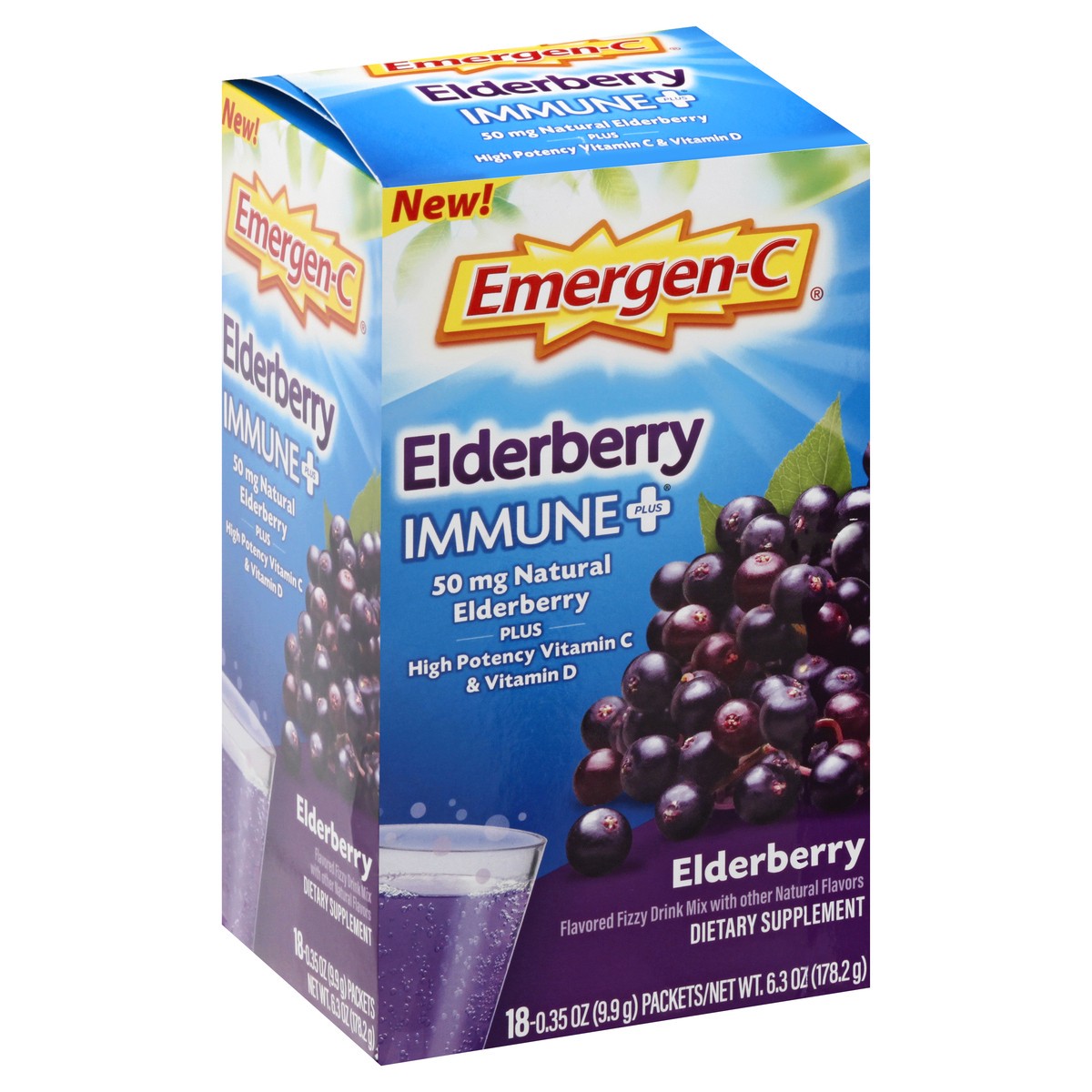 slide 2 of 9, Emergen-C Immune+ Elderberry Fizzy Drink Mix Enhanced Immune Support with Vitamin C 1000 mg, Natural flavors, 18 count, 18 ct