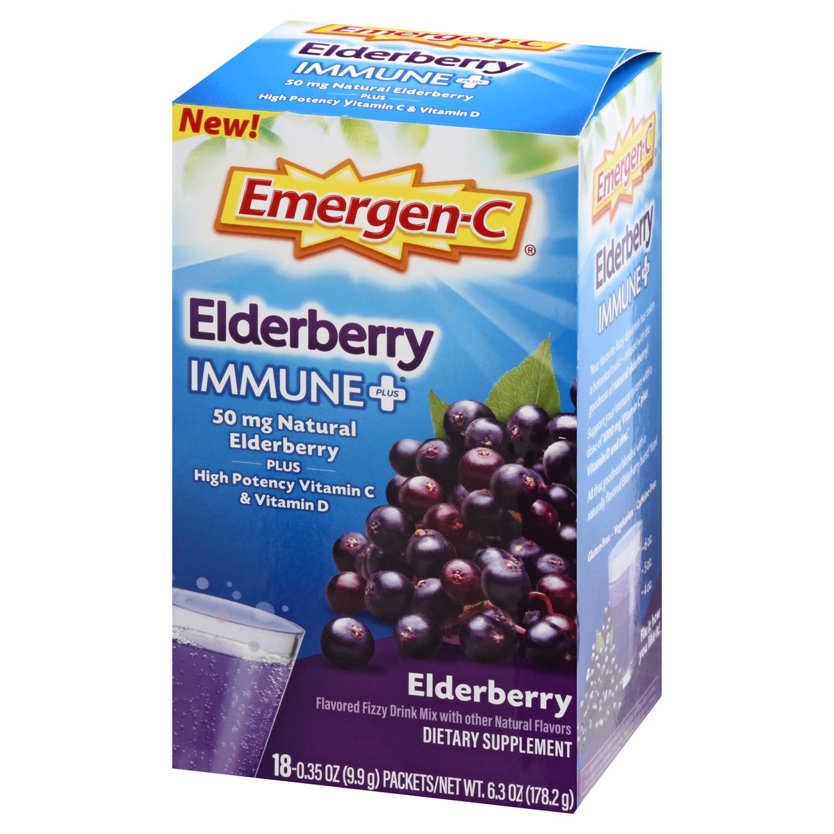slide 3 of 9, Emergen-C Immune+ Elderberry Fizzy Drink Mix Enhanced Immune Support with Vitamin C 1000 mg, Natural flavors, 18 count, 18 ct