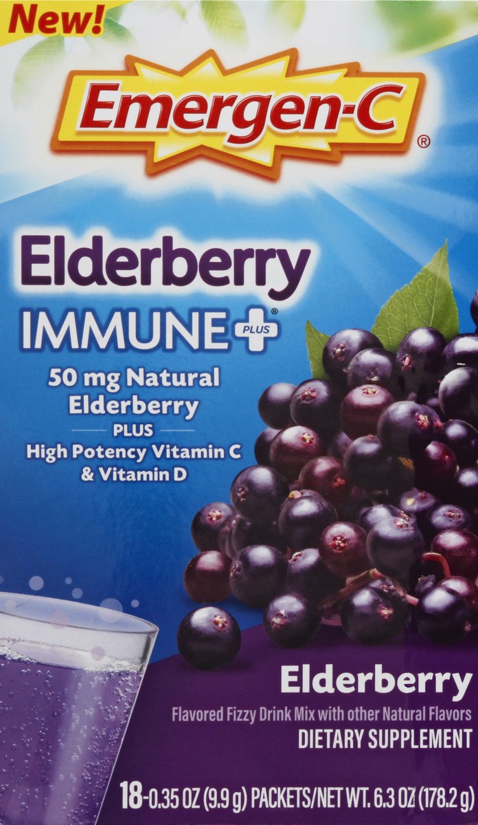 slide 6 of 9, Emergen-C Immune+ Elderberry Fizzy Drink Mix Enhanced Immune Support with Vitamin C 1000 mg, Natural flavors, 18 count, 18 ct