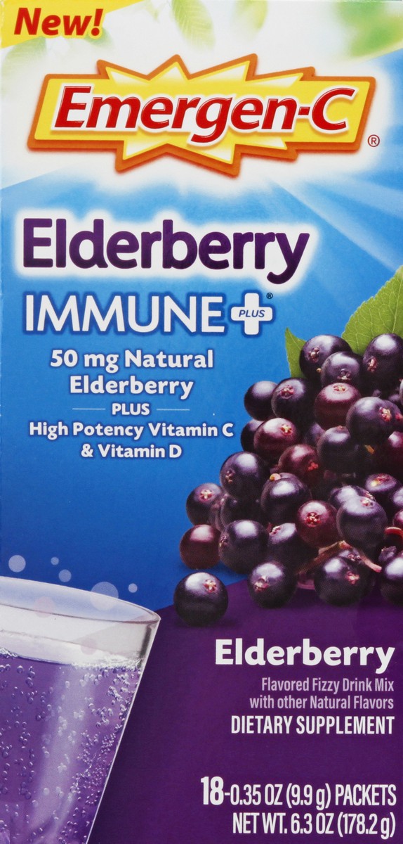 slide 7 of 9, Emergen-C Immune+ Elderberry Fizzy Drink Mix Enhanced Immune Support with Vitamin C 1000 mg, Natural flavors, 18 count, 18 ct