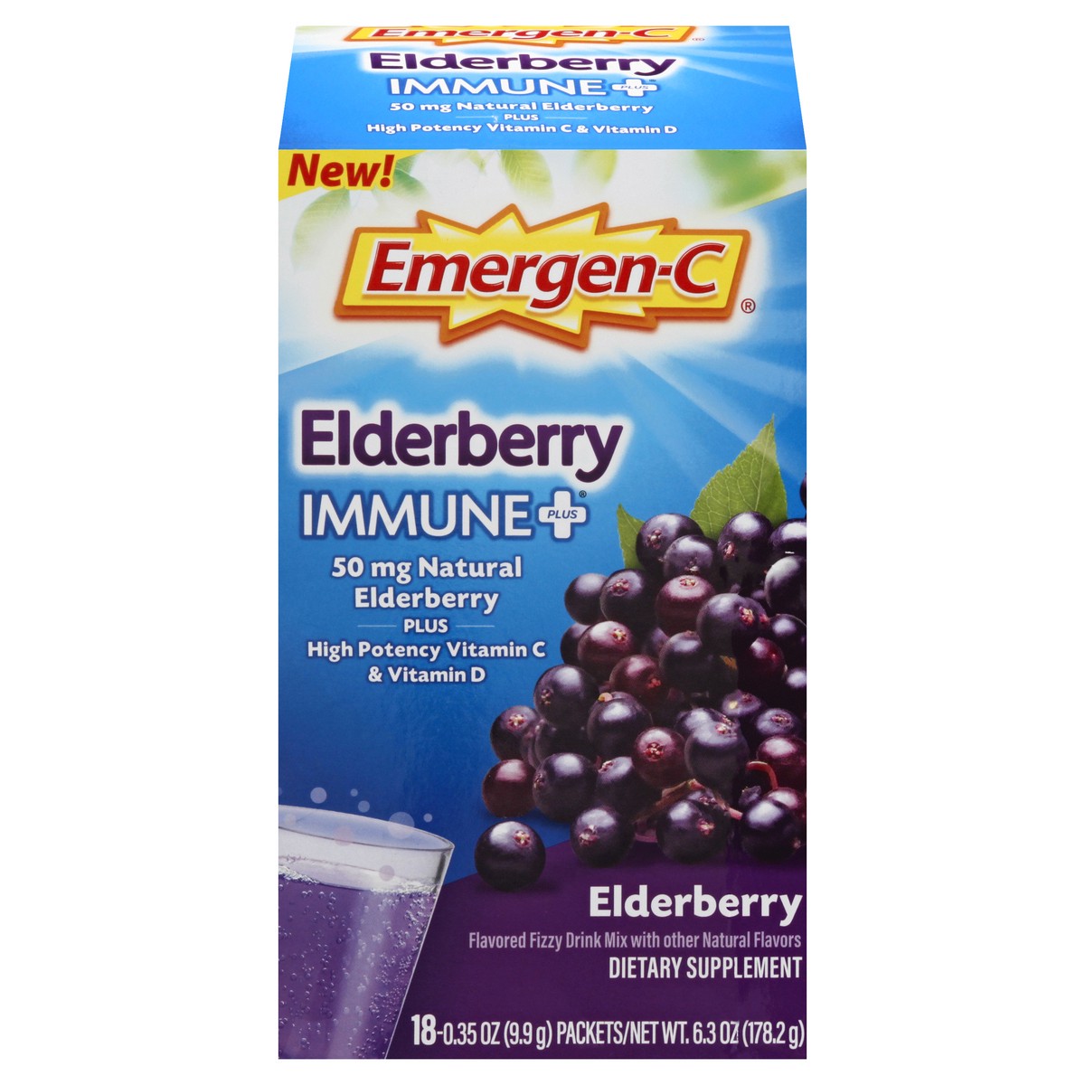 slide 1 of 9, Emergen-C Immune+ Elderberry Fizzy Drink Mix Enhanced Immune Support with Vitamin C 1000 mg, Natural flavors, 18 count, 18 ct