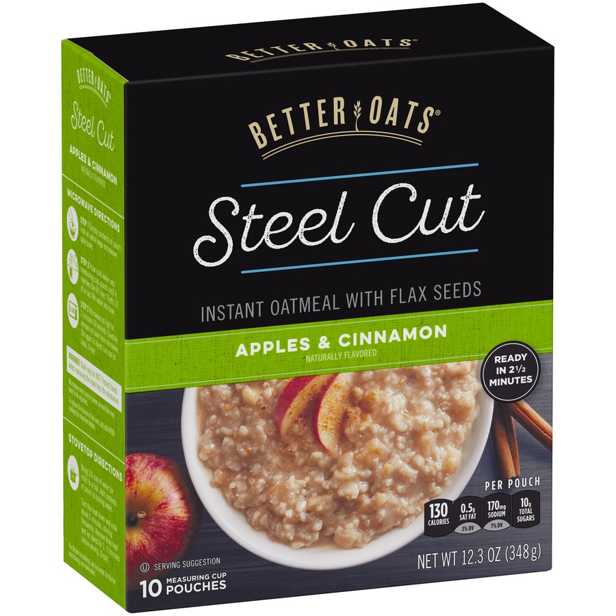 slide 5 of 6, Better Oats Steel Cut Apples & Cinnamon Instant Oatmeal with Flax Seeds, 10 ct; 1.23 oz