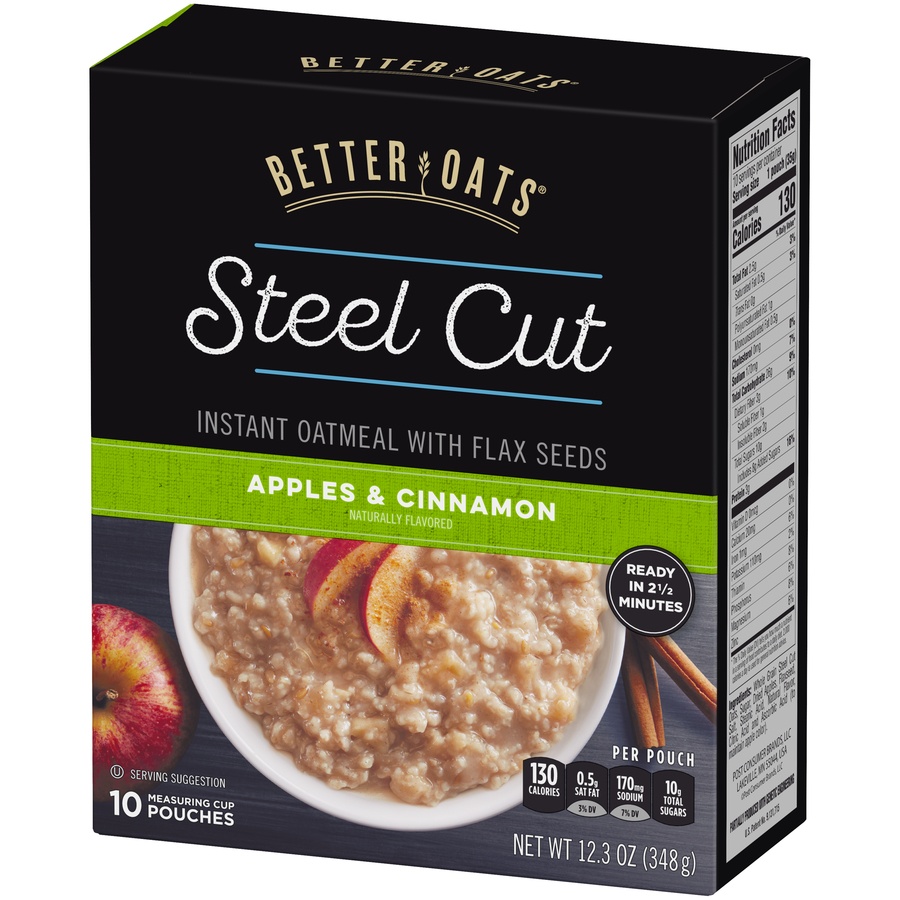 slide 6 of 6, Better Oats Steel Cut Apples & Cinnamon Instant Oatmeal with Flax Seeds, 10 ct; 1.23 oz