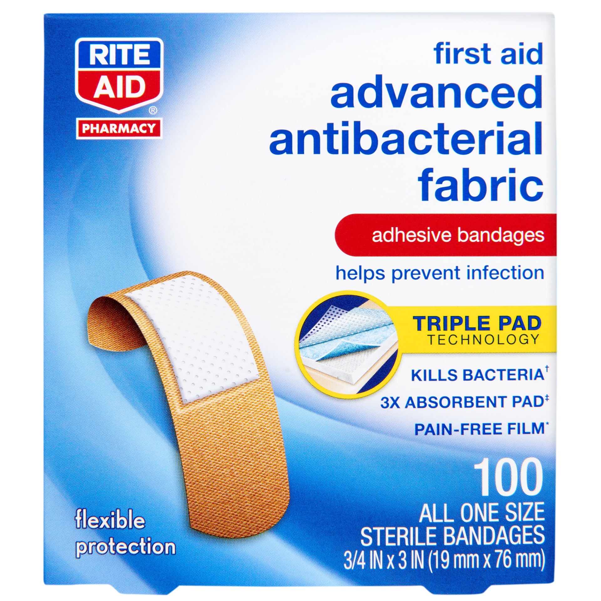 slide 1 of 3, Rite Aid Antibacterial Fabric Adhesive Bandages, One Size, 100 ct