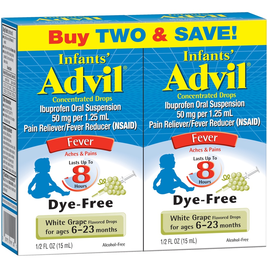 slide 3 of 7, Infants' Advil Concentrated Drops Fever Reducer Pain Reliever (Ibuprofen) in Dye-Free White Grape Flavor 50mg, 2 ct; 0.5 fl oz