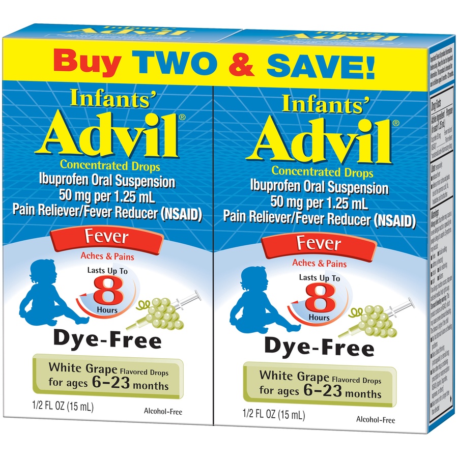 slide 4 of 7, Infants' Advil Concentrated Drops Fever Reducer Pain Reliever (Ibuprofen) in Dye-Free White Grape Flavor 50mg, 2 ct; 0.5 fl oz