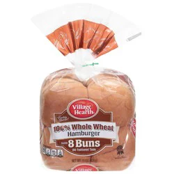 Village Hearth Sliced Hamburger 100% Whole Wheat Buns, 8 ea