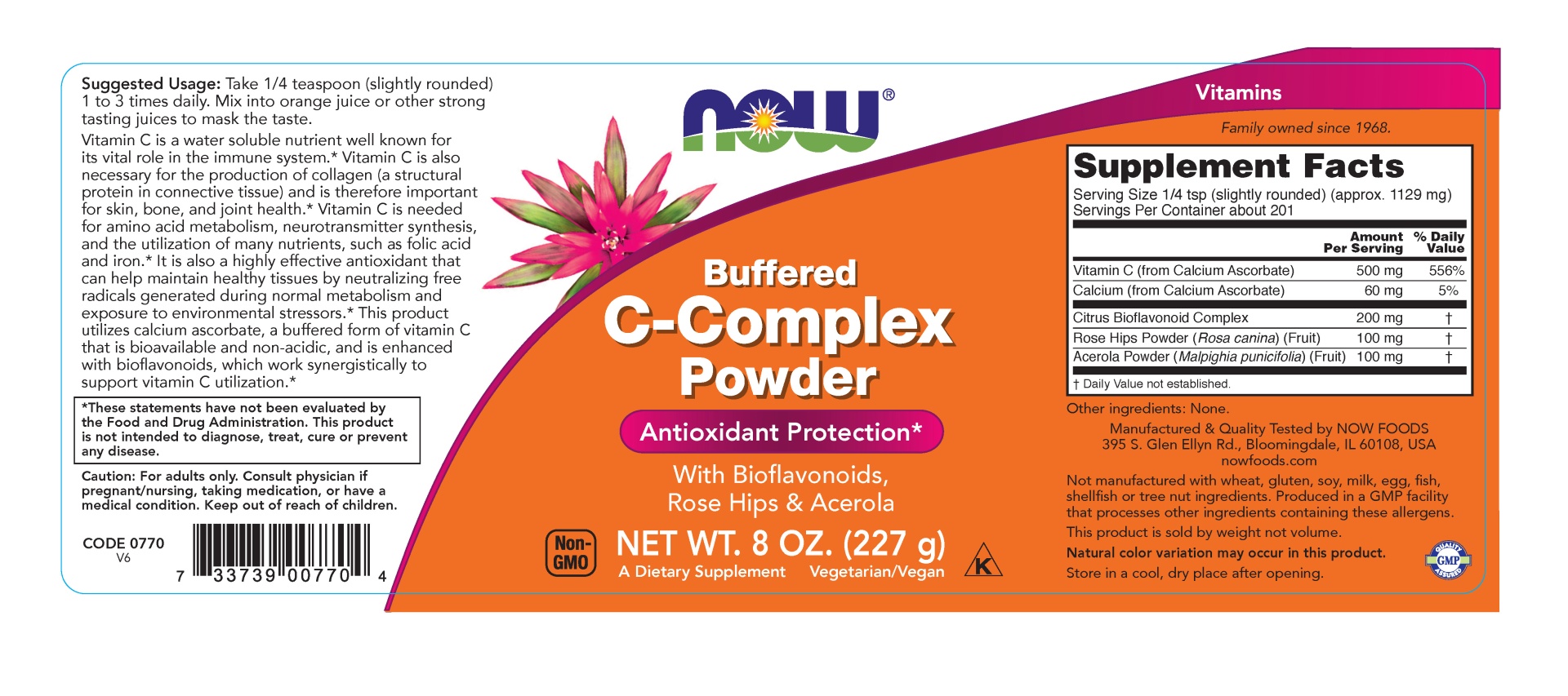 slide 2 of 2, NOW Foods, Vitamin C-Complex Powder, with Bioflavonoids, Rose Hips & Acerola, Antioxidant Protection, 0.62 oz