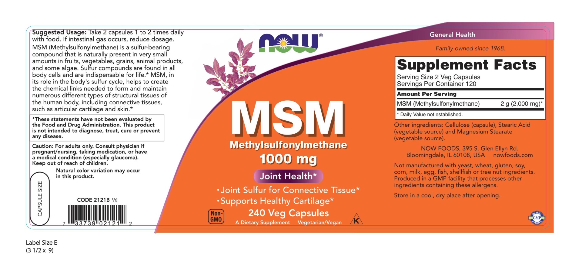 slide 2 of 2, NOW MSM 1000 mg - 240 Veg Capsules, 240 ct