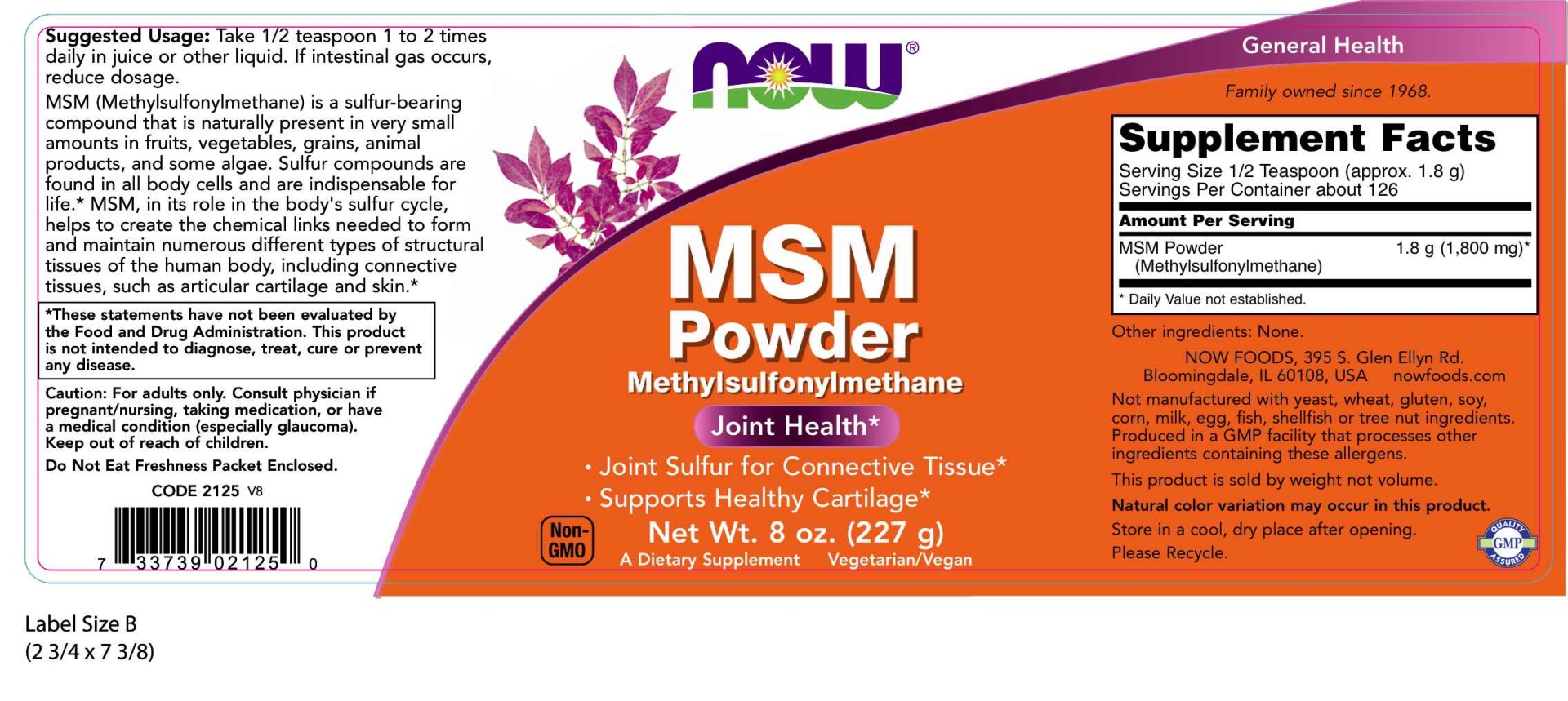 slide 2 of 2, NOW MSM Powder - 8 oz., 8 oz
