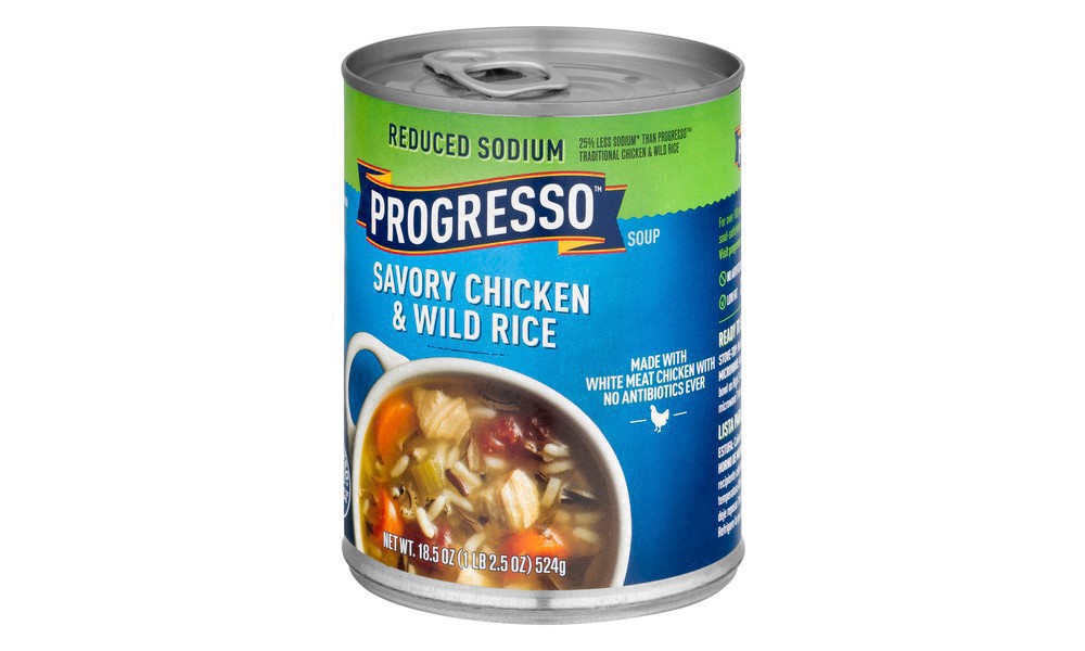 slide 102 of 114, Progresso Reduced Sodium, Savory Chicken & Wild Rice Soup, 19 oz., 18.5 oz