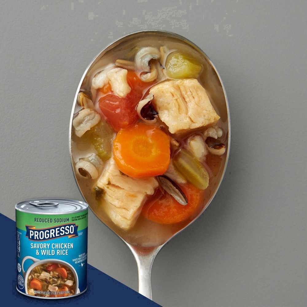 slide 64 of 114, Progresso Reduced Sodium, Savory Chicken & Wild Rice Soup, 19 oz., 18.5 oz