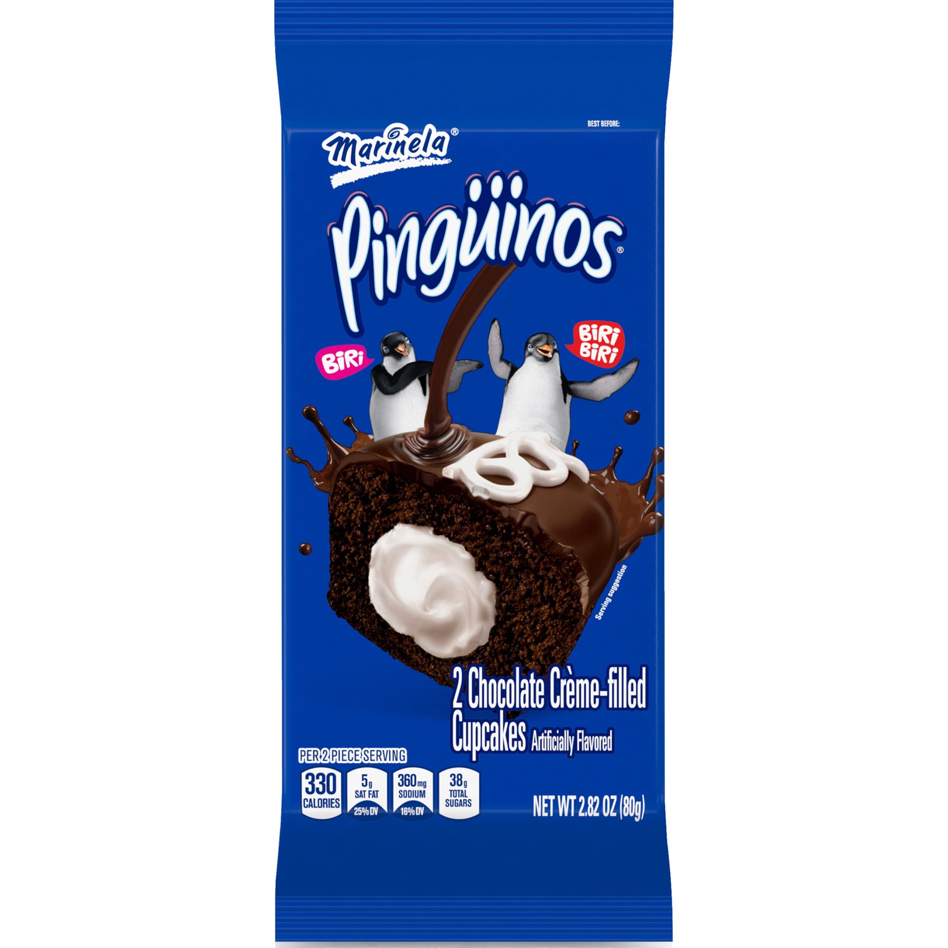 slide 1 of 9, Marinela Pinguinos Chocolate Crème Filled Cupcakes, 2 count, Cupcakes, 2.82 oz Bag, 2.82 ct