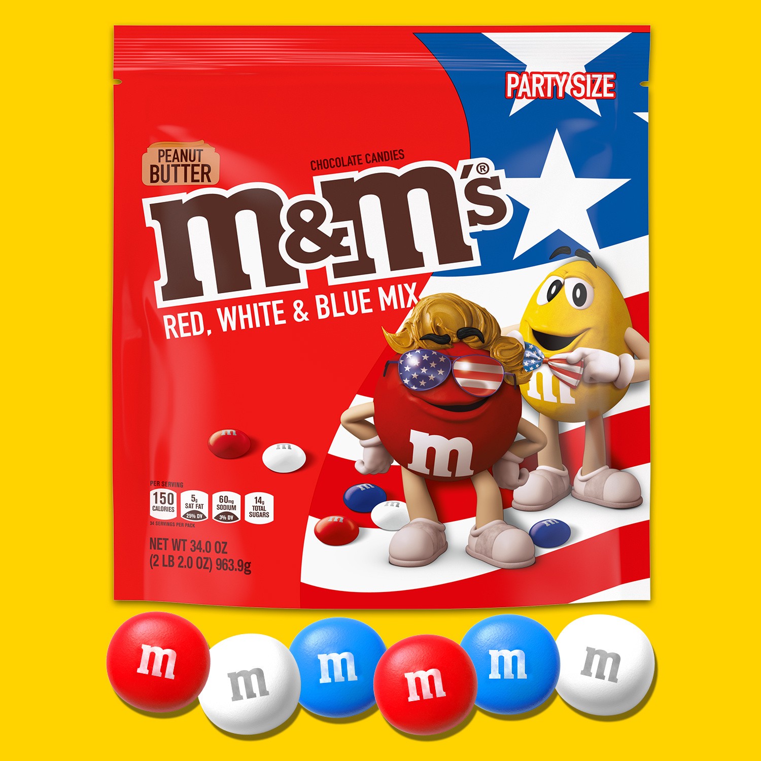 slide 3 of 8, M&M's Peanut Butter Red, White & Blue Patriotic Bulk Chocolate Candy, 34 oz Bag, 34 oz