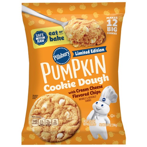 slide 1 of 1, Pillsbury™ pumpkin cookie dough with cream cheese flavored chips, 14 oz