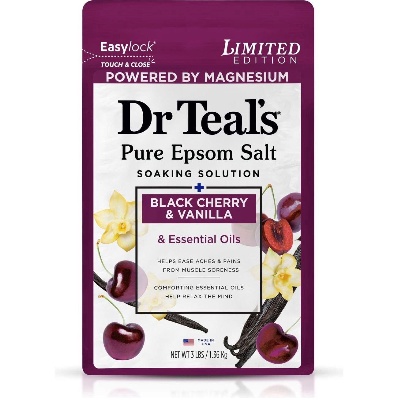 slide 1 of 1, Dr. Teal's Pure Black Cherry & Vanilla Epsom Salt 3 lb, 3 lb