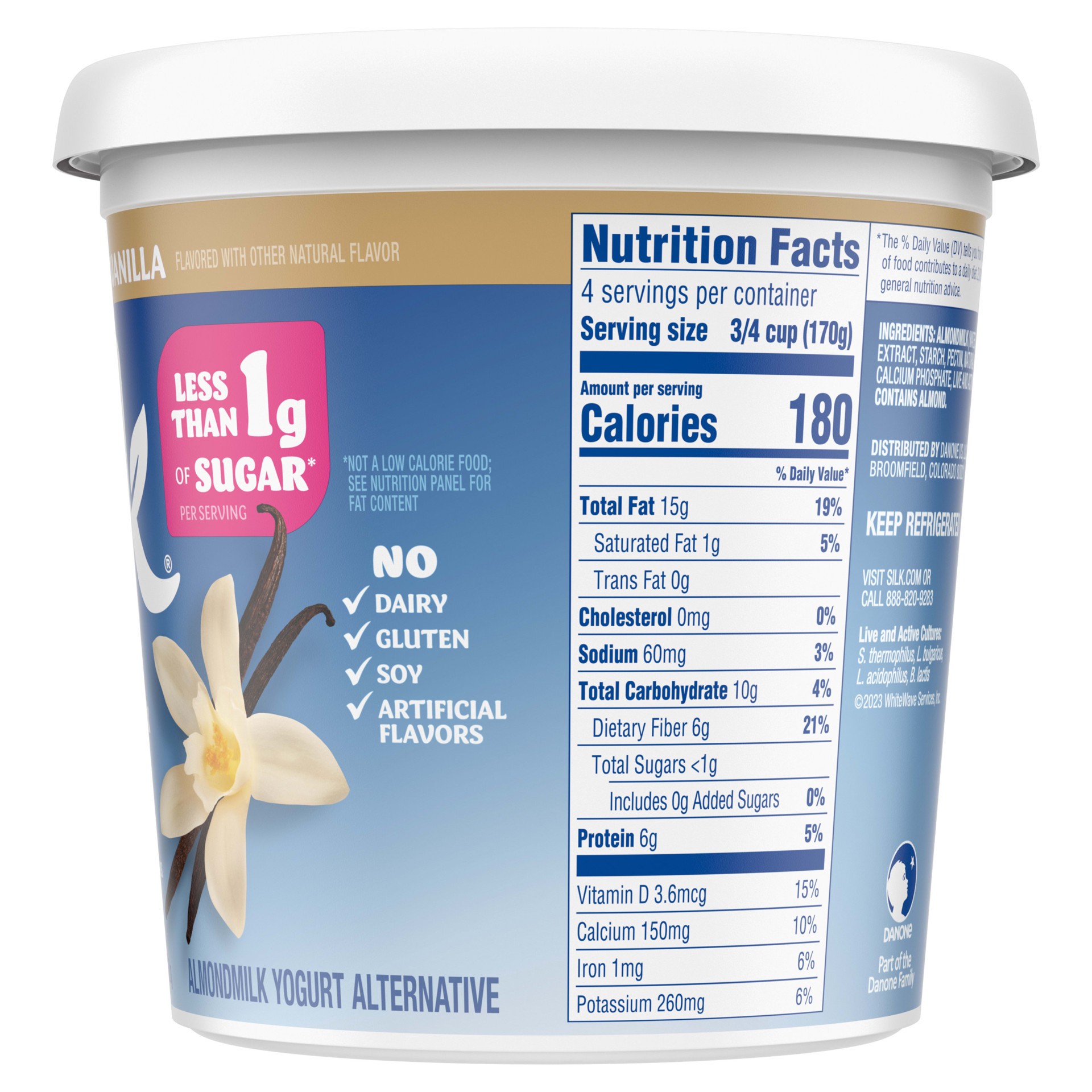 slide 3 of 5, Silk Unsweet Vanilla Dairy Free, Almond Milk Yogurt Alternative, Rich and Creamy Plant Based Yogurt with 6 Grams of Protein, 24 OZ Tub, 24 oz