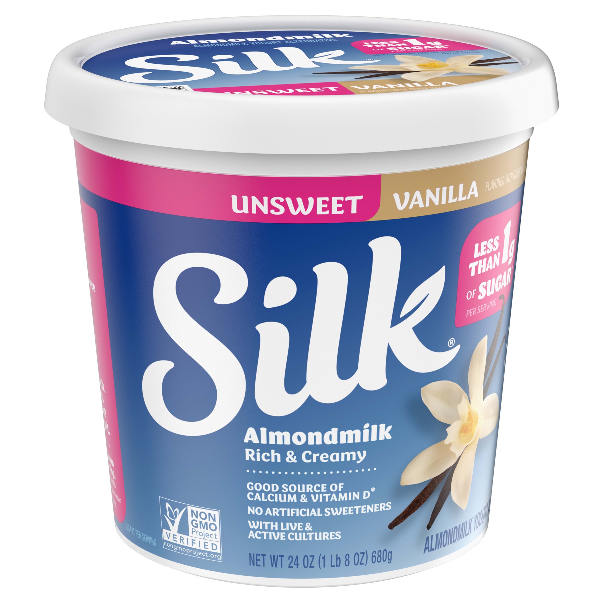 slide 4 of 5, Silk Unsweet Vanilla Dairy Free, Almond Milk Yogurt Alternative, Rich and Creamy Plant Based Yogurt with 6 Grams of Protein, 24 OZ Tub, 24 oz