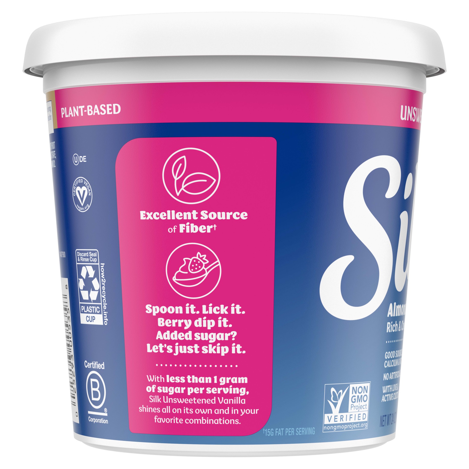 slide 5 of 5, Silk Unsweet Vanilla Dairy Free, Almond Milk Yogurt Alternative, Rich and Creamy Plant Based Yogurt with 6 Grams of Protein, 24 OZ Tub, 24 oz