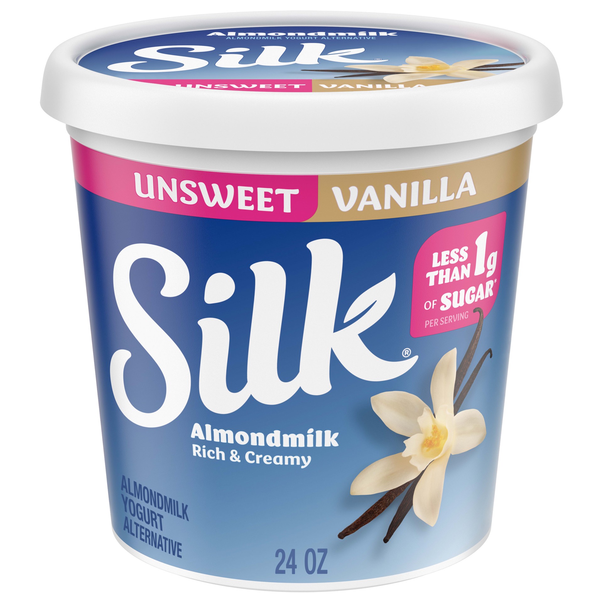 slide 1 of 5, Silk Unsweet Vanilla Dairy Free, Almond Milk Yogurt Alternative, Rich and Creamy Plant Based Yogurt with 6 Grams of Protein, 24 OZ Tub, 24 oz