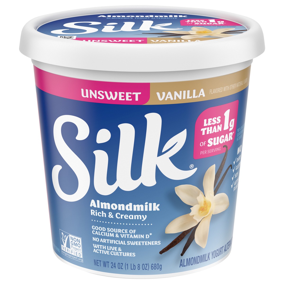 slide 1 of 5, Silk Unsweet Vanilla Dairy Free, Almond Milk Plant Based Yogurt Alternative, 24 OZ Tub, 24 oz