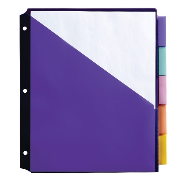 slide 1 of 2, Office Depot Brand Double Pocket Insertable Plastic Divider, 5-Tab, 9 1/2'' X 11 1/4'', Assorted Colors, 1 ct