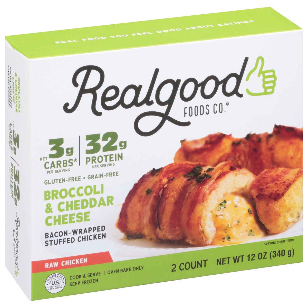 slide 2 of 11, Realgood Foods Co. Broccoli & Cheddar Cheese Bacon-Wrapped Stuffed Chicken 2 ea, 12 oz