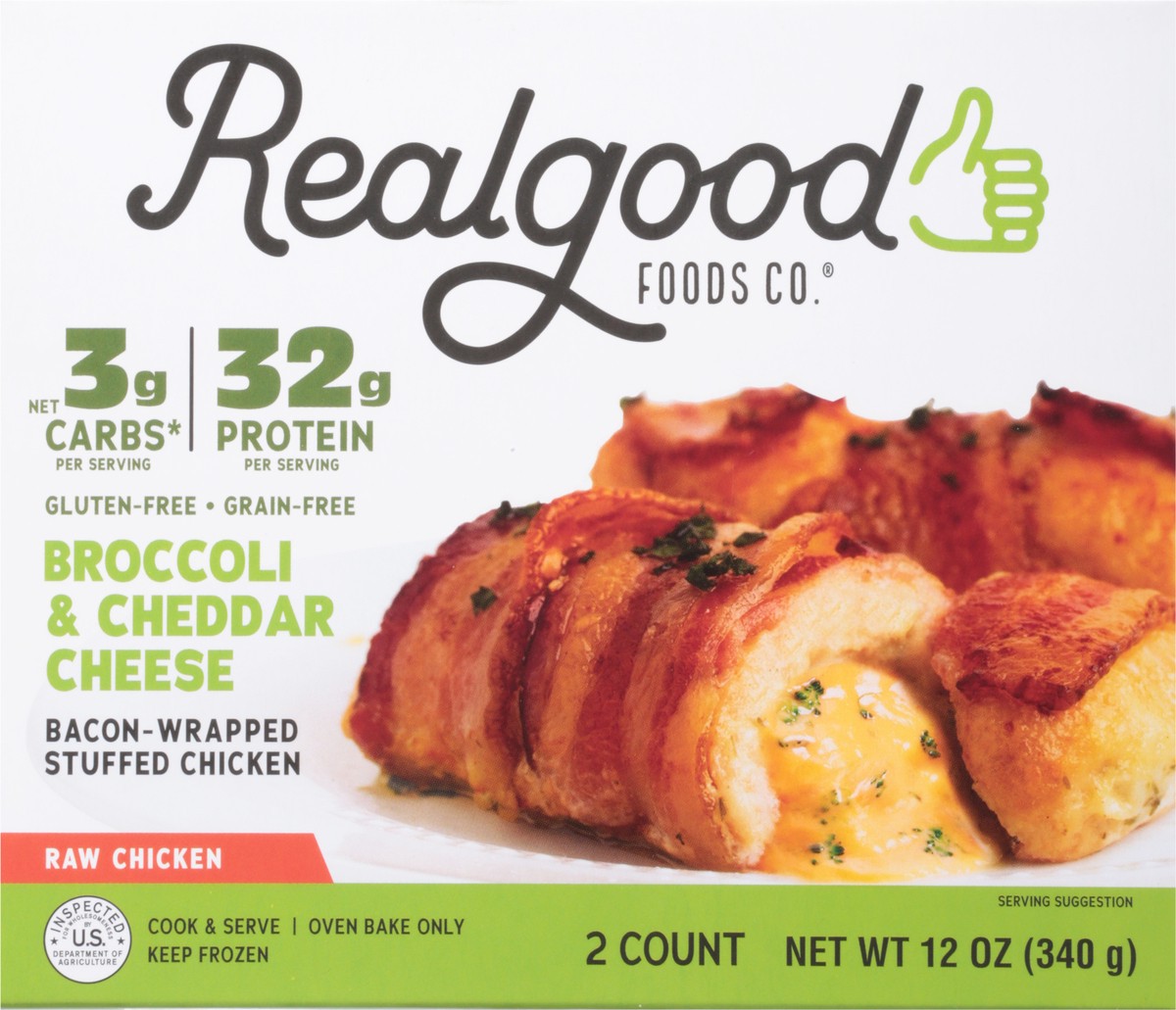 slide 9 of 11, Realgood Foods Co. Broccoli & Cheddar Cheese Bacon-Wrapped Stuffed Chicken 2 ea, 12 oz