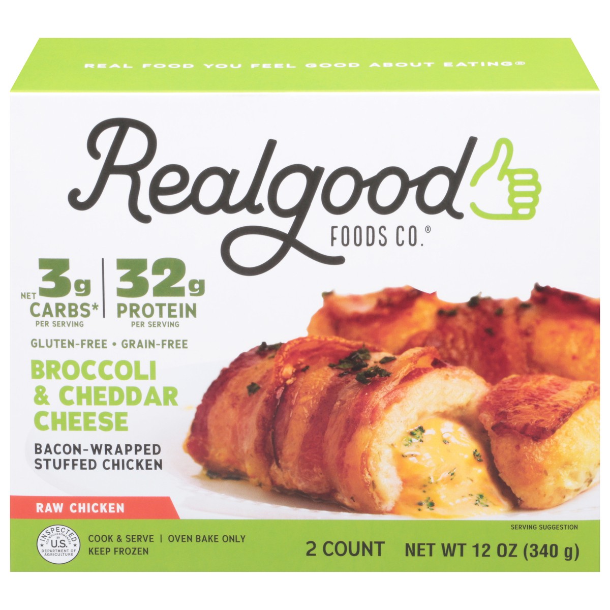 slide 11 of 11, Realgood Foods Co. Broccoli & Cheddar Cheese Bacon-Wrapped Stuffed Chicken 2 ea, 12 oz