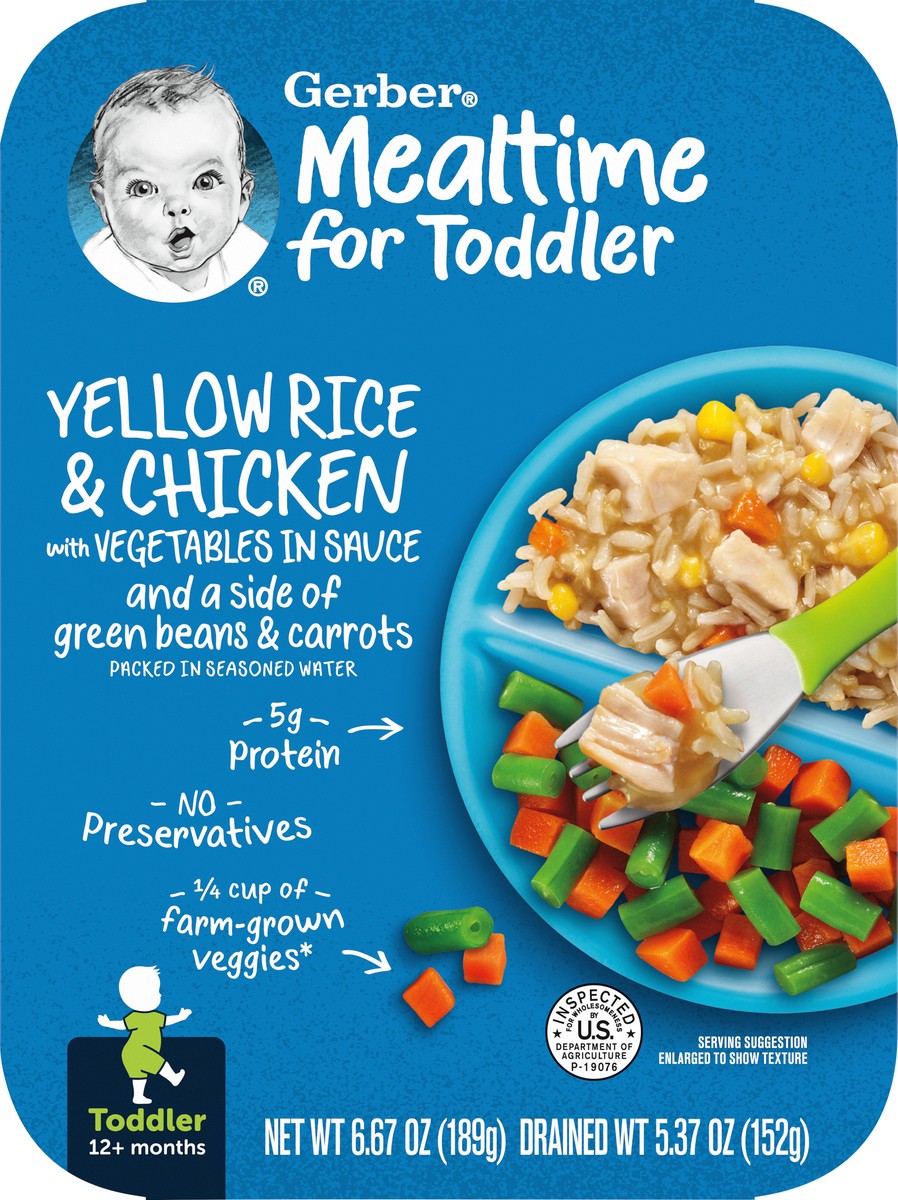 slide 3 of 9, Gerber Mealtime for Toddler, Yellow Rice and Chicken with Vegetables in Sauce Toddler Food, 6.67 oz Tray, 6.67 oz